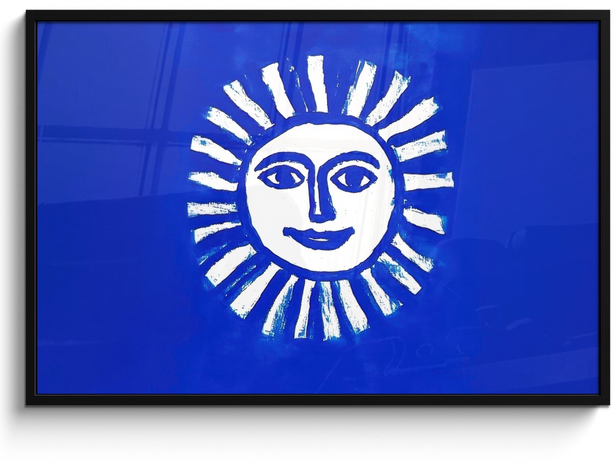 FrameYourWall Poster in lijst - Fotolijst 120x80 cm - Posters - Zon - Gezicht - Penseelstructuur - Blauw - Posterlijst zwart - Decoratie - Wanddecoratie woonkamer - Muurdecoratie slaapkamer