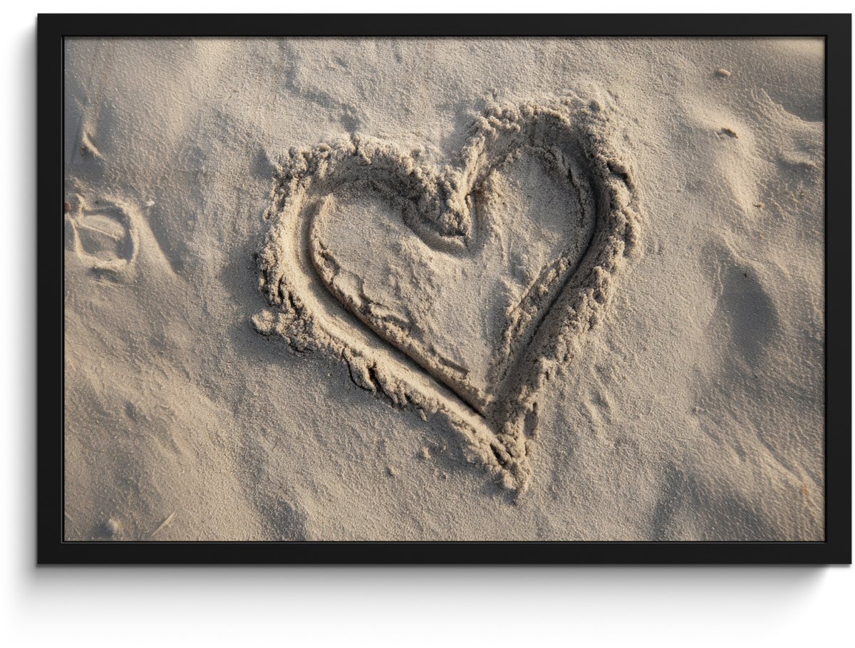 FrameYourWall Poster in lijst - Fotolijst 60x40 cm - Posters - Hartvorm - Getekend - Beige - Zand - Posterlijst zwart - Decoratie - Wanddecoratie woonkamer - Muurdecoratie slaapkamer Hartvorm - Zand