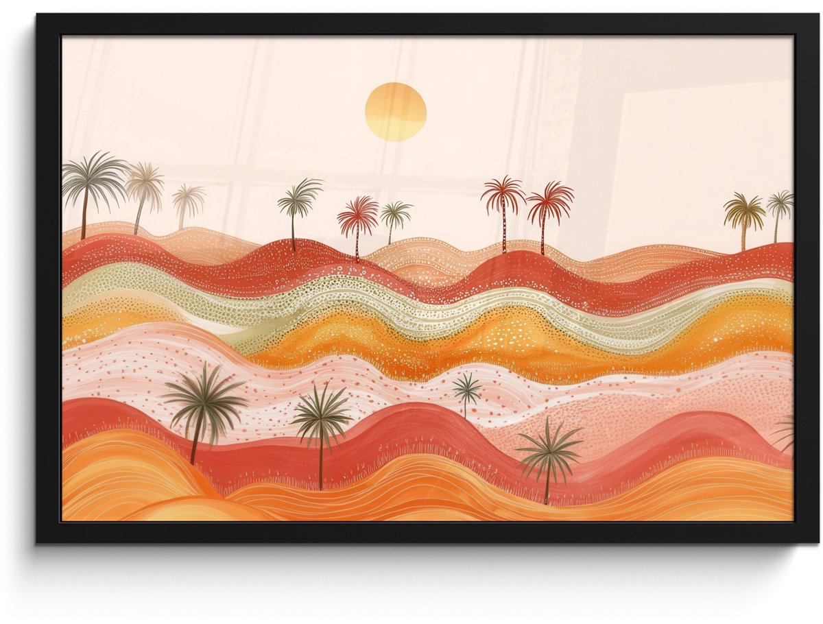 FrameYourWall Poster in lijst - Fotolijst 60x40 cm - Posters - Abstract landschap - Palmbomen - Kleurrijk - Posterlijst zwart - Decoratie - Wanddecoratie woonkamer - Muurdecoratie slaapkamer