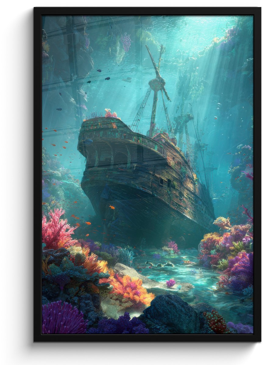 FrameYourWall Poster in lijst - Fotolijst 60x90 cm - Posters - Schip - Hout - Koraalriffen - Zonlicht - Posterlijst zwart - Decoratie - Wanddecoratie woonkamer - Muurdecoratie slaapkamer