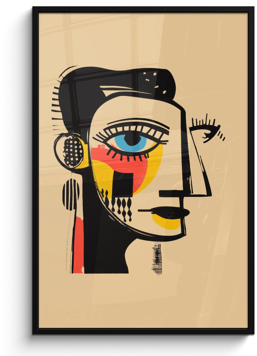 FrameYourWall Poster in lijst - Fotolijst 80x120 cm - Posters - Geometrisch - Felle kleuren - Kubistische stijl - Posterlijst zwart - Decoratie - Wanddecoratie woonkamer - Muurdecoratie slaapkamer Gezicht - Kunst