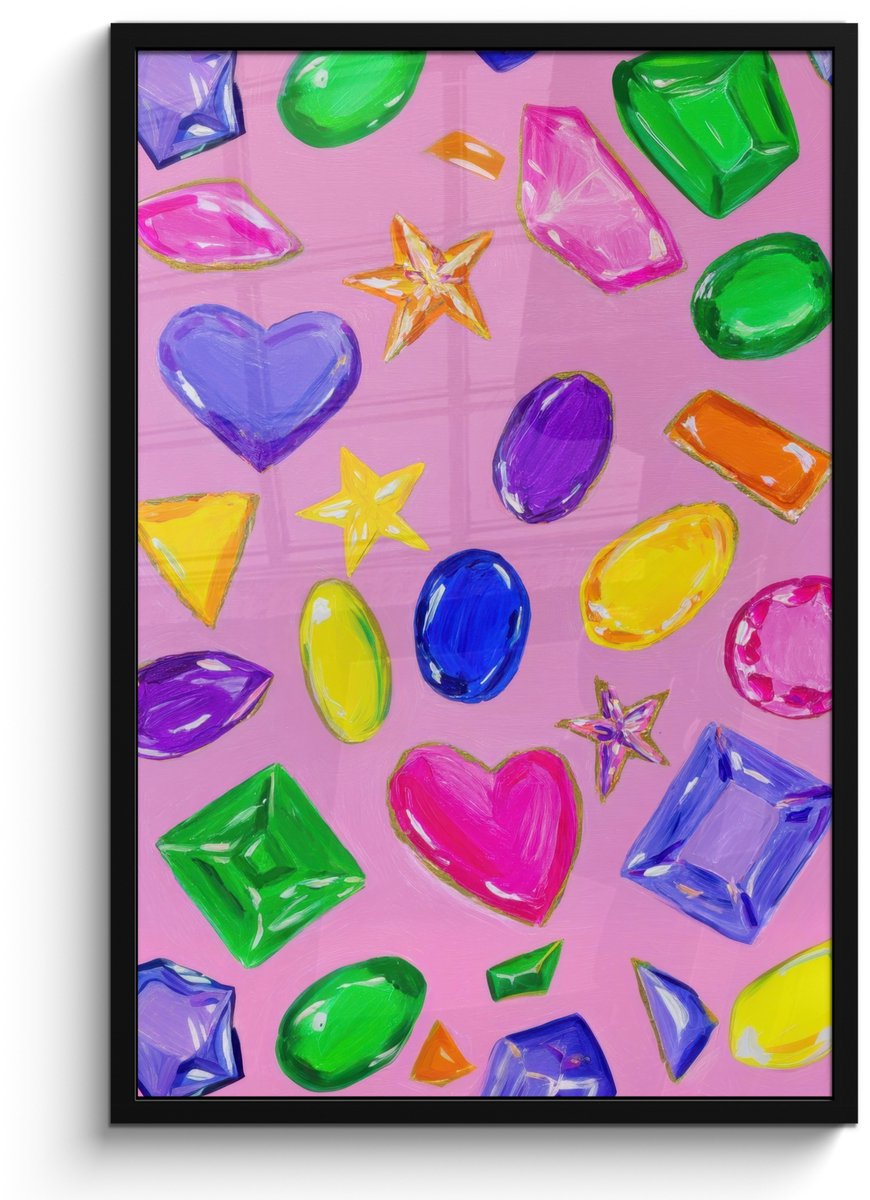 FrameYourWall Poster in lijst - Fotolijst 60x90 cm - Posters - Edelstenen - Vormen - Hartje - Kleurrijk - Posterlijst zwart - Decoratie - Wanddecoratie woonkamer - Muurdecoratie slaapkamer Vormen - Kleurrijk