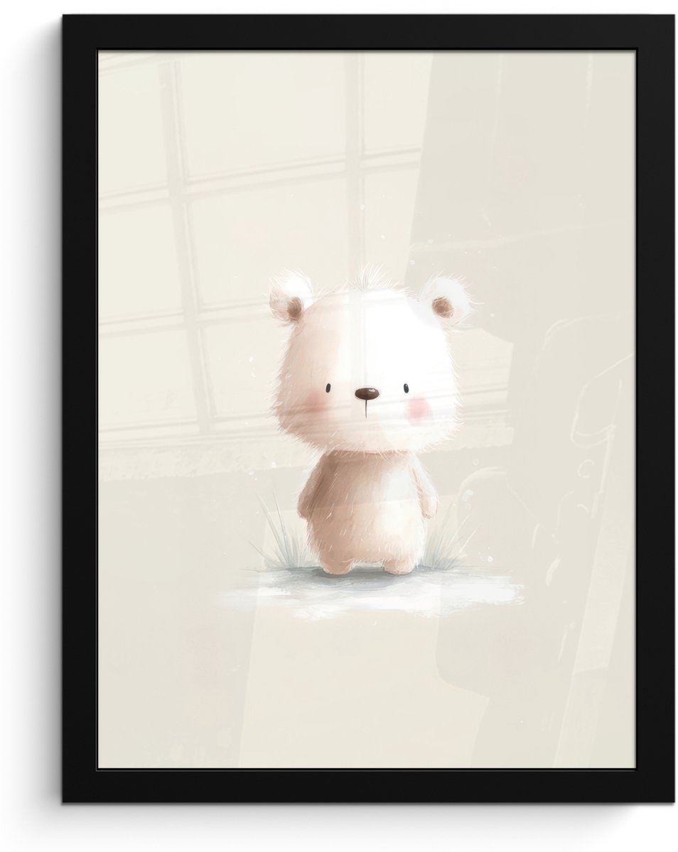FrameYourWall Poster in lijst - Fotolijst 30x40 cm - Posters - Beertje - Sneeuwvlokje - Wit - Pluizig - Posterlijst zwart - Decoratie - Wanddecoratie woonkamer - Muurdecoratie slaapkamer