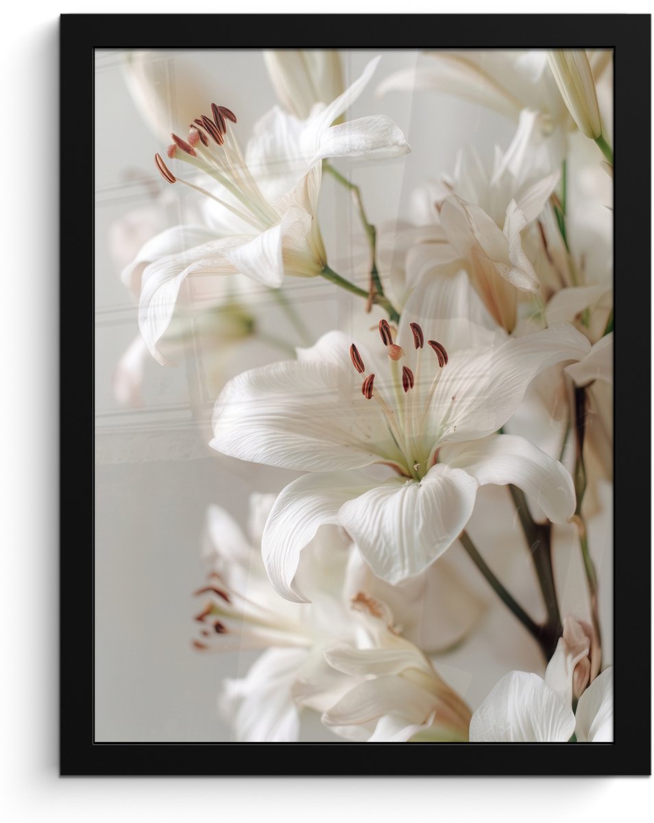 FrameYourWall Poster in lijst - Fotolijst 30x40 cm - Posters - Lelies - Boekte - Wit - Meeldraden - Posterlijst zwart - Decoratie - Wanddecoratie woonkamer - Muurdecoratie slaapkamer Lelies - Meeldraden