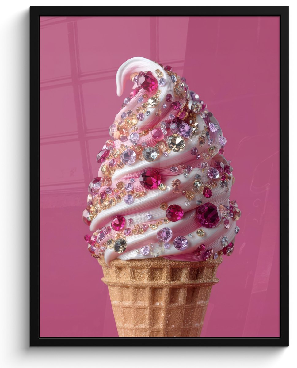 FrameYourWall Poster in lijst - Fotolijst 60x80 cm - Posters - Softijs - Edelstenen - Roze - Hoorntje - Posterlijst zwart - Decoratie - Wanddecoratie woonkamer - Muurdecoratie slaapkamer
