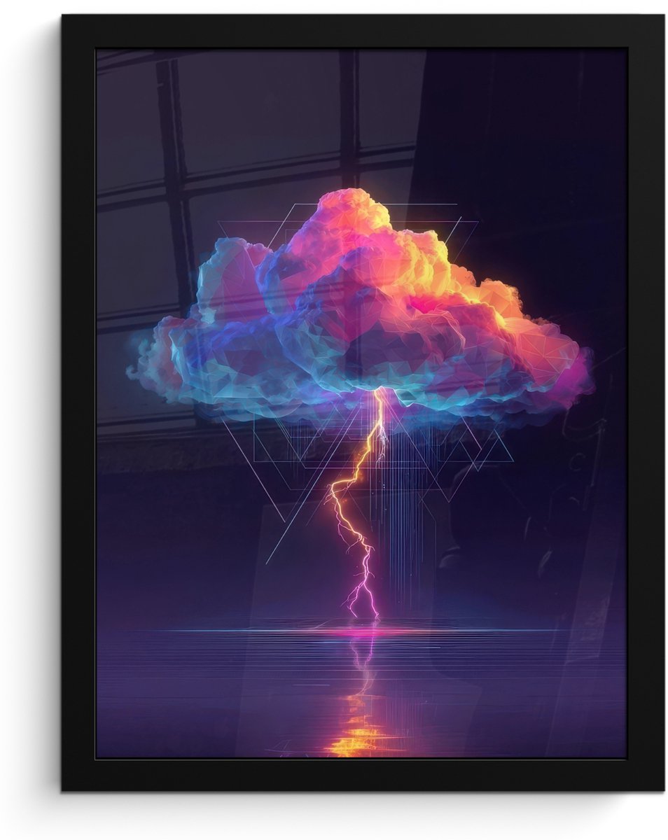 FrameYourWall Poster in lijst - Fotolijst 30x40 cm - Posters - Donderwolk - Bliksemschicht - Licht - Blauw - Posterlijst zwart - Decoratie - Wanddecoratie woonkamer - Muurdecoratie slaapkamer Wolk - Bliksemschicht - Driehoeken