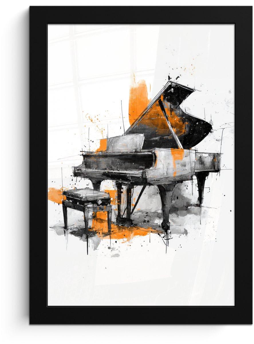 FrameYourWall Poster in lijst - Fotolijst 20x30 cm - Posters - Piano - Oranje - Zwart - schets lijnen - Posterlijst zwart - Decoratie - Wanddecoratie woonkamer - Muurdecoratie slaapkamer