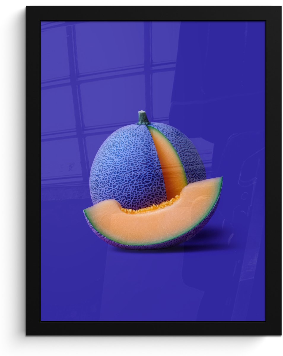 FrameYourWall Poster in lijst - Fotolijst 30x40 cm - Posters - Meloen - Blauw - Oranje - Kunstzinnig - Posterlijst zwart - Decoratie - Wanddecoratie woonkamer - Muurdecoratie slaapkamer