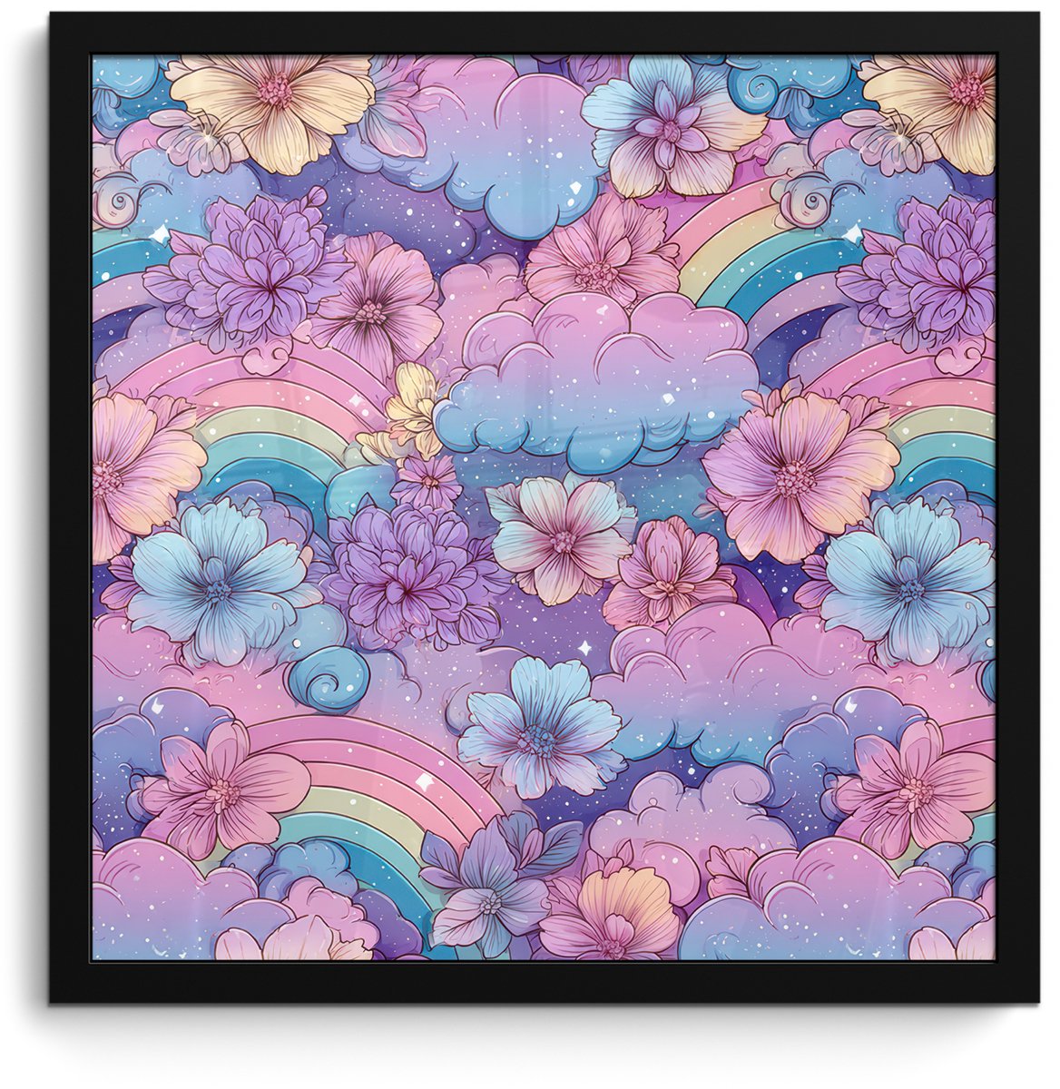 FrameYourWall Poster in lijst - Fotolijst 40x40 cm - Posters - Regenbogen - Bloemen - Kleurrijk - Wolken - Posterlijst zwart - Decoratie - Wanddecoratie woonkamer - Muurdecoratie slaapkamer