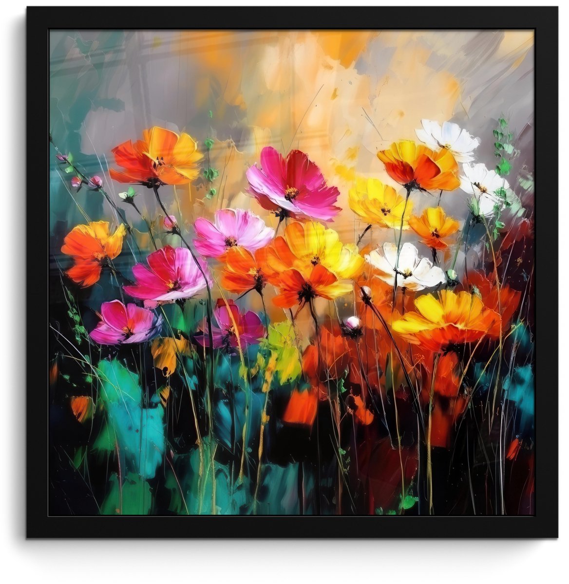 FrameYourWall Poster in lijst - Fotolijst 40x40 cm - Posters - Felgekleurd - Bloemblaadjes - Abstract - Posterlijst zwart - Decoratie - Wanddecoratie woonkamer - Muurdecoratie slaapkamer