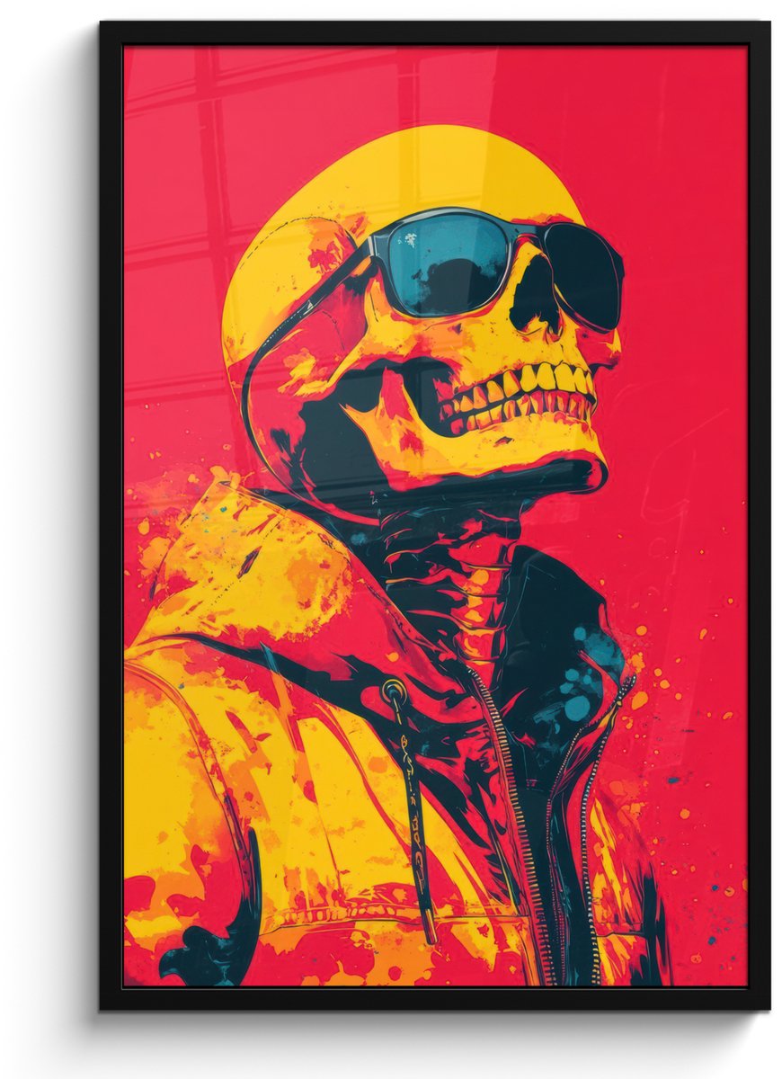 FrameYourWall Poster in lijst - Fotolijst 60x90 cm - Posters - Zonnebril - Schedel - Jas - Rood - Posterlijst zwart - Decoratie - Wanddecoratie woonkamer - Muurdecoratie slaapkamer Schedel - Zonnebril