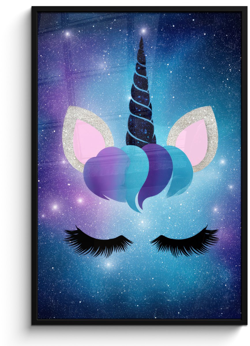 FrameYourWall Poster in lijst - Fotolijst 80x120 cm - Posters - Eenhoorn - Sterren - Magisch - Blauw - Posterlijst zwart - Decoratie - Wanddecoratie woonkamer - Muurdecoratie slaapkamer Eenhoorn - Sterrenstelsel