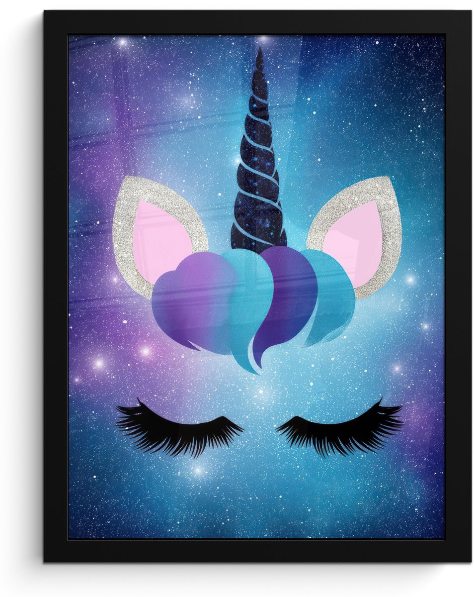 FrameYourWall Poster in lijst - Fotolijst 30x40 cm - Posters - Eenhoorn - Sterren - Magisch - Blauw - Posterlijst zwart - Decoratie - Wanddecoratie woonkamer - Muurdecoratie slaapkamer Eenhoorn - Sterrenstelsel
