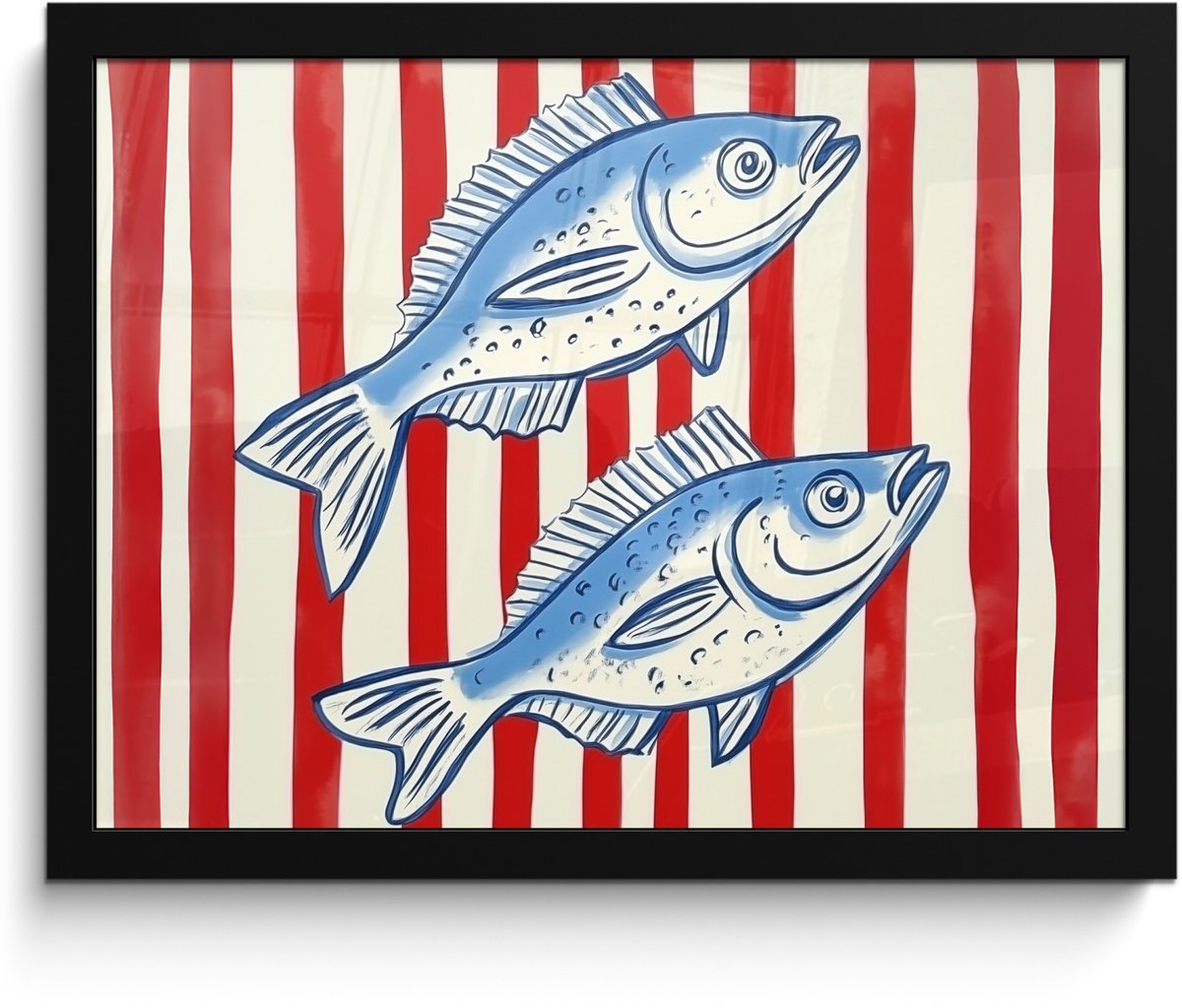 FrameYourWall Poster in lijst - Fotolijst 40x30 cm - Posters - Vissen - Verticale strepen - Blauw - Rood - Posterlijst zwart - Decoratie - Wanddecoratie woonkamer - Muurdecoratie slaapkamer Vissen - Strepen