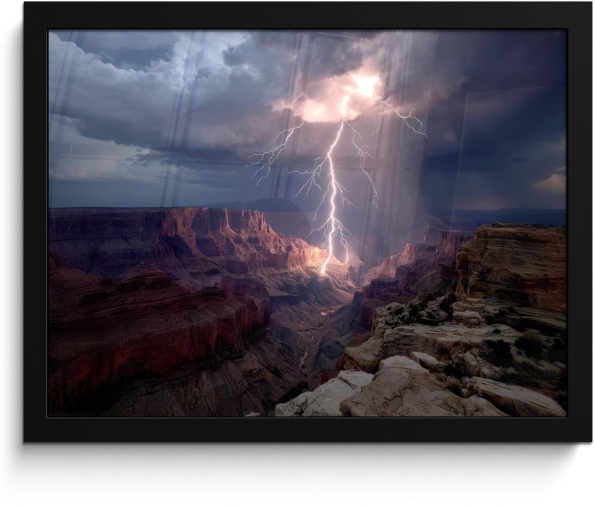 FrameYourWall Poster in lijst - Fotolijst 40x30 cm - Posters - Bliksem - Wolken - Canyon - Posterlijst zwart - Decoratie - Wanddecoratie woonkamer - Muurdecoratie slaapkamer Bliksem - Wolken - Rotsen