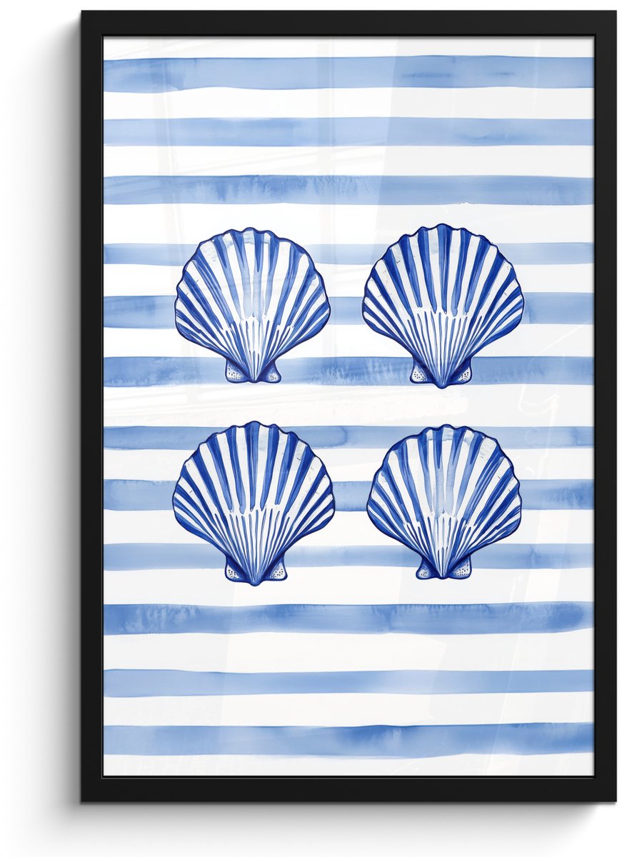 FrameYourWall Poster in lijst - Fotolijst 40x60 cm - Posters - Vier schelpen - Blauw - Wit - Strepen - Posterlijst zwart - Decoratie - Wanddecoratie woonkamer - Muurdecoratie slaapkamer Schelpen - Strepen