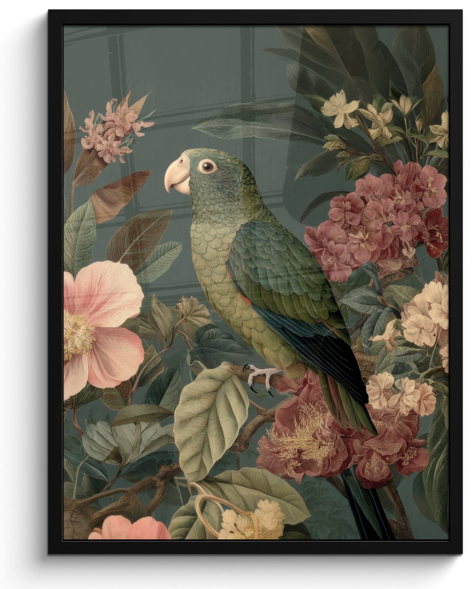 FrameYourWall Poster in lijst - Fotolijst 60x80 cm - Posters - Groene papegaai - Kleurrijke bloemen - Donkere achtergrond - Posterlijst zwart - Decoratie - Wanddecoratie woonkamer - Muurdecoratie slaapkamer Papegaai - Bloemen