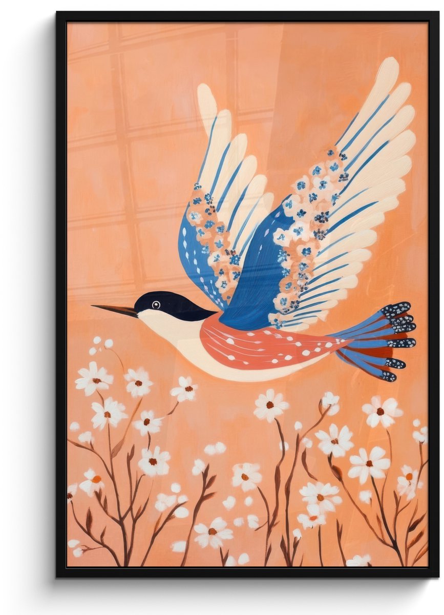 FrameYourWall Poster in lijst - Fotolijst 80x120 cm - Posters - Vogel - Bloesemtakken - Warm - Kleurrijk - Posterlijst zwart - Decoratie - Wanddecoratie woonkamer - Muurdecoratie slaapkamer