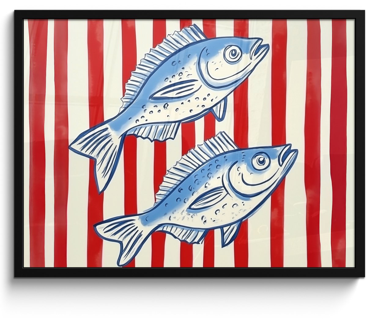 FrameYourWall Poster in lijst - Fotolijst 80x60 cm - Posters - Vissen - Verticale strepen - Blauw - Rood - Posterlijst zwart - Decoratie - Wanddecoratie woonkamer - Muurdecoratie slaapkamer Vissen - Strepen