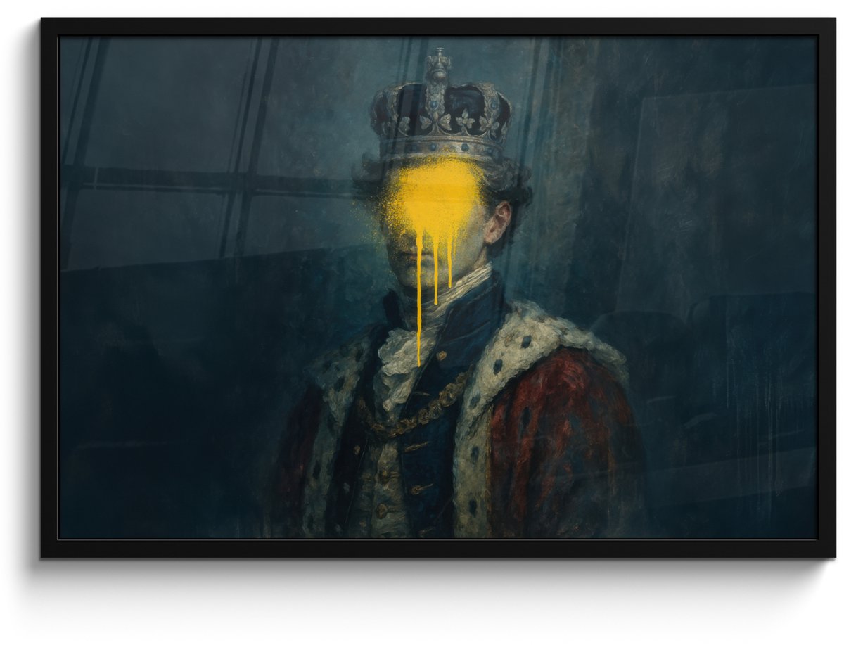 FrameYourWall Poster in lijst - Fotolijst 90x60 cm - Posters - Koning - Portret - Druipende gele verf - Posterlijst zwart - Decoratie - Wanddecoratie woonkamer - Muurdecoratie slaapkamer Koning - Portret - Verf