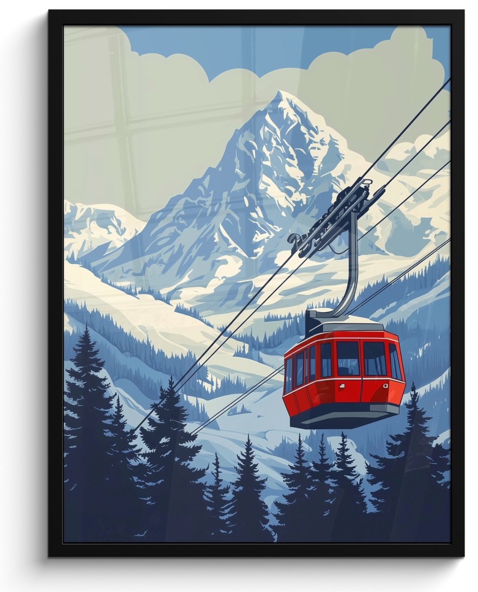 FrameYourWall Poster in lijst - Fotolijst 60x80 cm - Posters - Kabelbaan - Sneeuw - Berglandschap - Posterlijst zwart - Decoratie - Wanddecoratie woonkamer - Muurdecoratie slaapkamer Kabelbaan - Bergen - Sneeuw