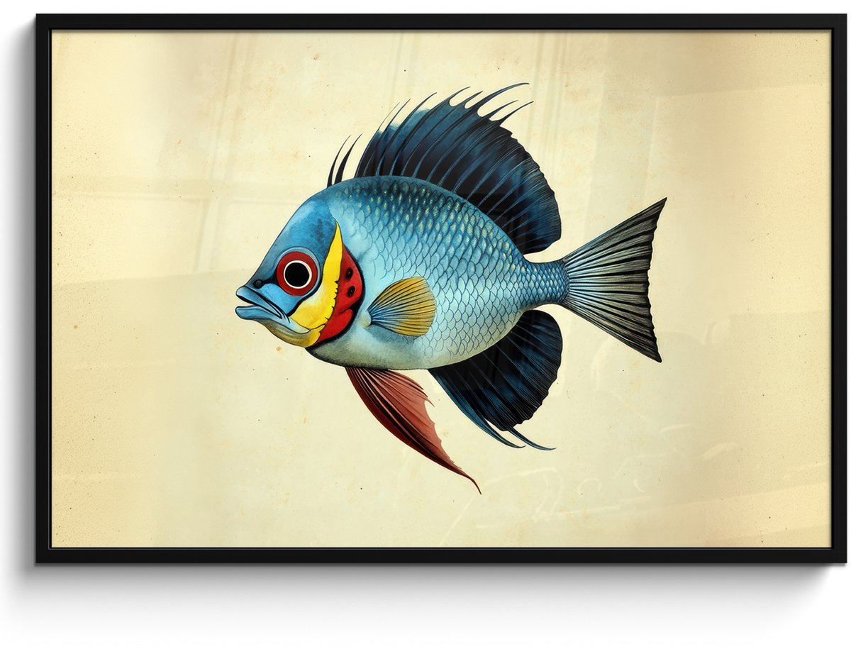 FrameYourWall Poster in lijst - Fotolijst 120x80 cm - Posters - Blauw - Kieuwen - Vis - Illustratie - Posterlijst zwart - Decoratie - Wanddecoratie woonkamer - Muurdecoratie slaapkamer