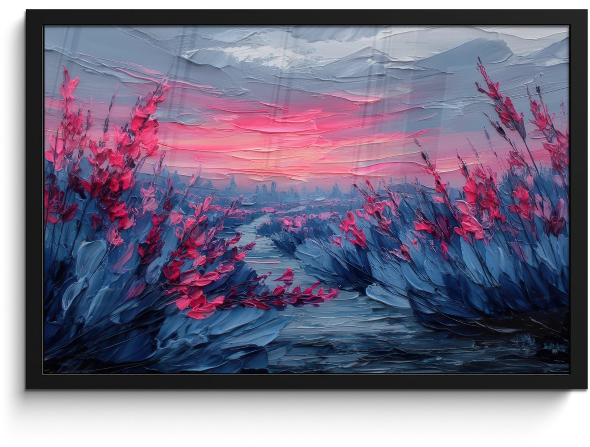 FrameYourWall Poster in lijst - Fotolijst 60x40 cm - Posters - Schilderij - Zonsondergang - Bloemen - Rivier - Posterlijst zwart - Decoratie - Wanddecoratie woonkamer - Muurdecoratie slaapkamer