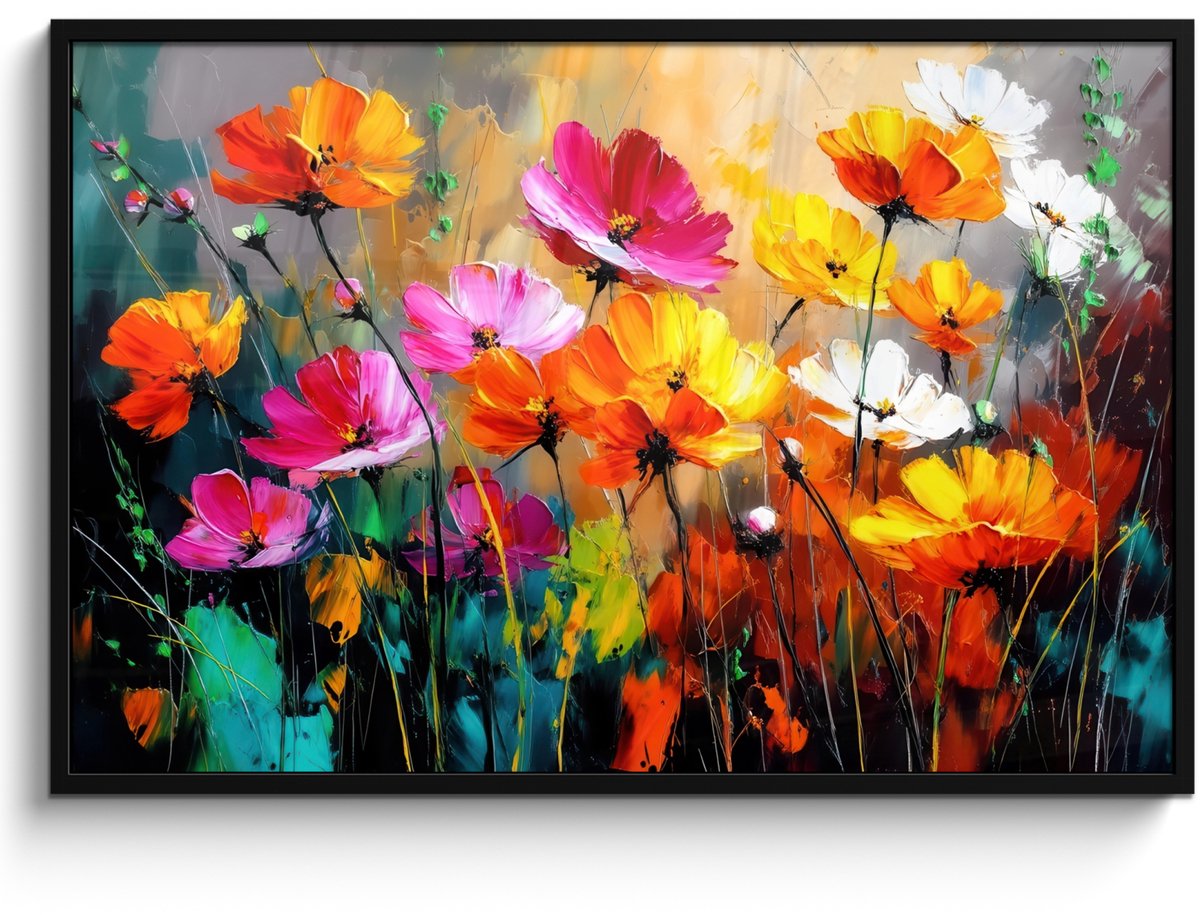 FrameYourWall Poster in lijst - Fotolijst 120x80 cm - Posters - Felgekleurd - Bloemblaadjes - Abstract - Posterlijst zwart - Decoratie - Wanddecoratie woonkamer - Muurdecoratie slaapkamer
