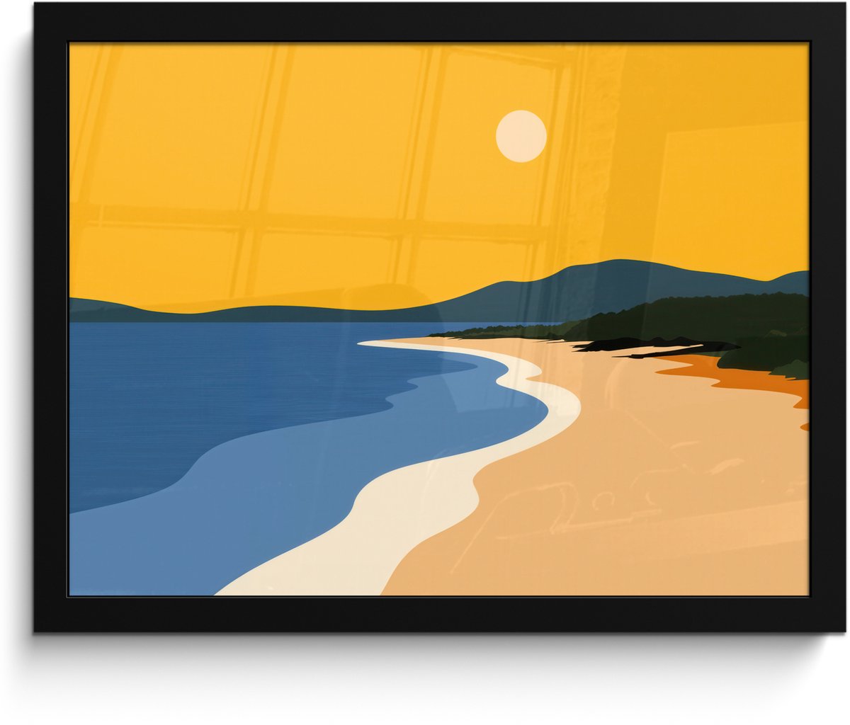 FrameYourWall Poster in lijst - Fotolijst 40x30 cm - Posters - Kustlijn - Oranje lucht - Begroeiing - Posterlijst zwart - Decoratie - Wanddecoratie woonkamer - Muurdecoratie slaapkamer Kustlijn - Zon