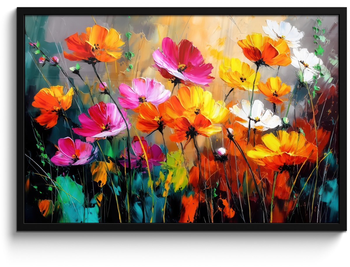 FrameYourWall Poster in lijst - Fotolijst 90x60 cm - Posters - Felgekleurd - Bloemblaadjes - Abstract - Posterlijst zwart - Decoratie - Wanddecoratie woonkamer - Muurdecoratie slaapkamer