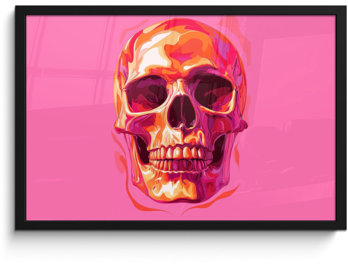 FrameYourWall Poster in lijst - Fotolijst 60x40 cm - Posters - Felroze - Tanden - Schedel - Posterlijst zwart - Decoratie - Wanddecoratie woonkamer - Muurdecoratie slaapkamer Schedel - Tanden