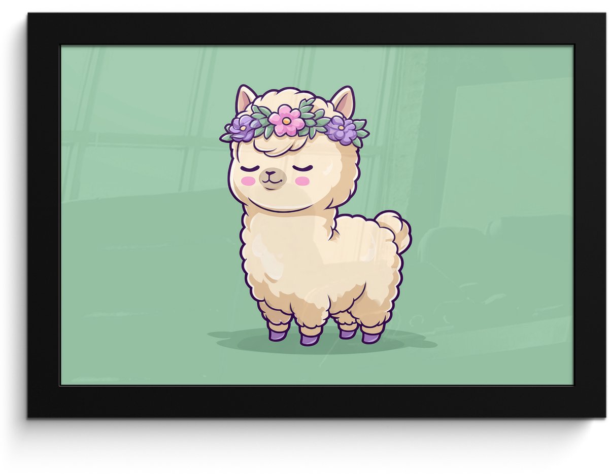 FrameYourWall Poster in lijst - Fotolijst 30x20 cm - Posters - Alpaca - Groen - Bloemendiadeem - Posterlijst zwart - Decoratie - Wanddecoratie woonkamer - Muurdecoratie slaapkamer