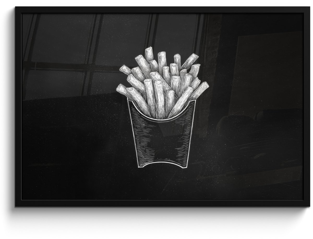 FrameYourWall Poster in lijst - Fotolijst 90x60 cm - Posters - Friet - Witte krijttekening - Zwart - Posterlijst zwart - Decoratie - Wanddecoratie woonkamer - Muurdecoratie slaapkamer