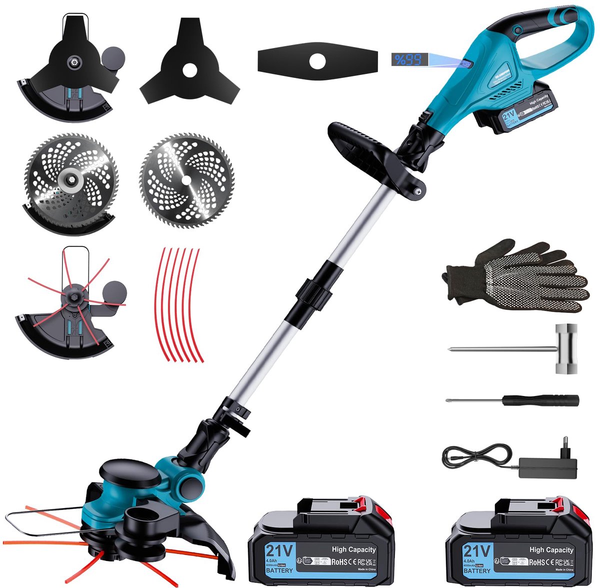 1000W Accu Grastrimmer - 4-in-1 Kantenmaaier – 26cm Snijdiameter – Bosmaaier – Grasmaaier – Draadloos & Elektrisch - Borstelloze Motor – Trimmer met 2x 4000mAh Accu en Lader – Uittrekbare Handgreep, Kantelbare Kop – Voor Gazon/Tuinklussen