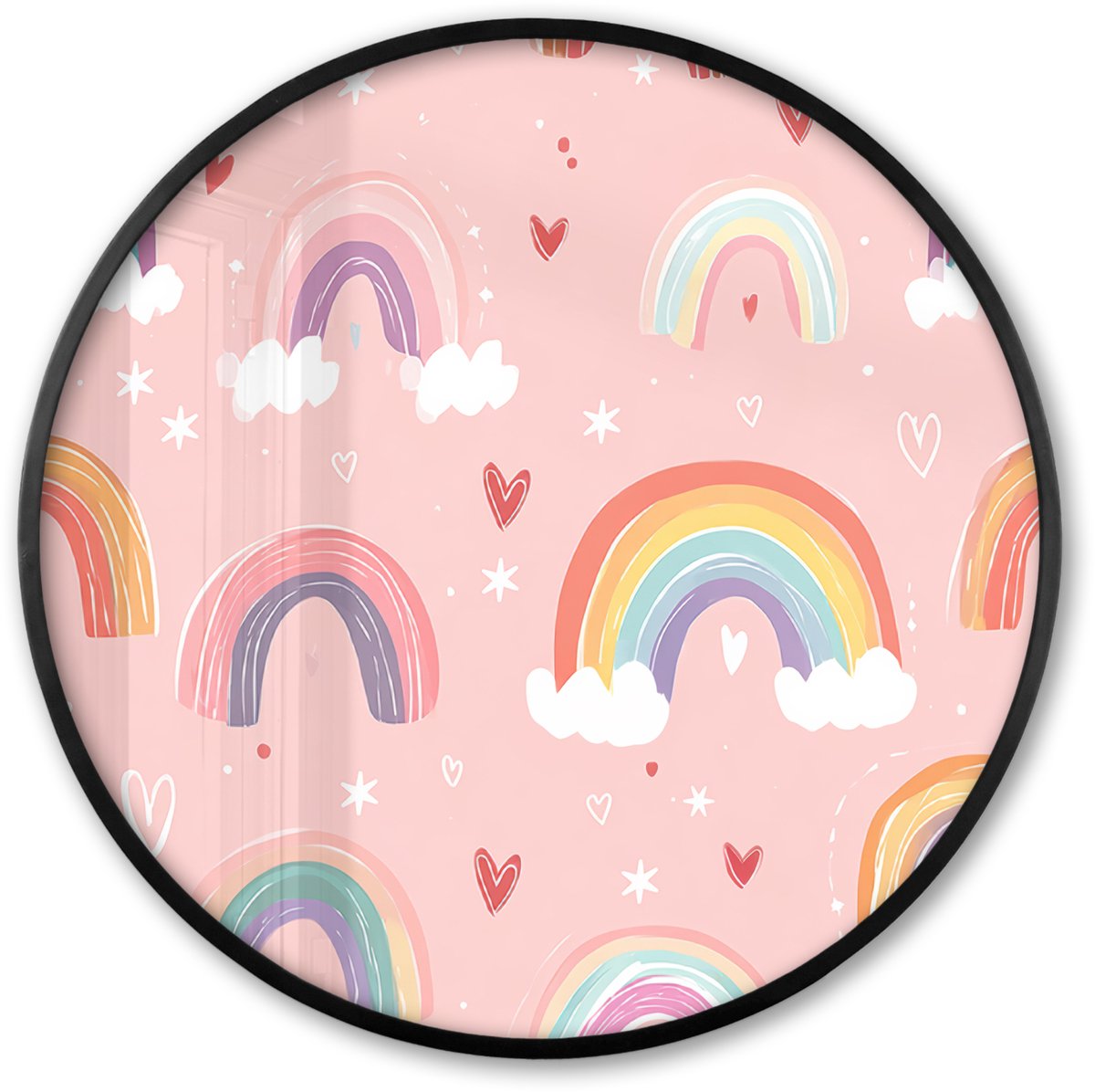FrameYourWall Poster in lijst Rond - Fotolijst 80x80 cm - Posters - Regenboog - Patroon - Pastel - Handgetekend - Ronde posterlijst zwart - Decoratie - Wanddecoratie woonkamer - Muurdecoratie slaapkamer