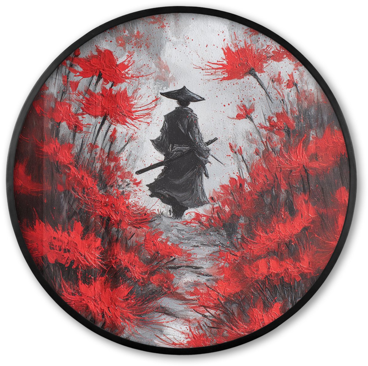 FrameYourWall Poster in lijst Rond - Fotolijst 80x80 cm - Posters - Rode bloemen - mistig - Man - Ronde posterlijst zwart - Decoratie - Wanddecoratie woonkamer - Muurdecoratie slaapkamer Bloemen - Man - Mistig