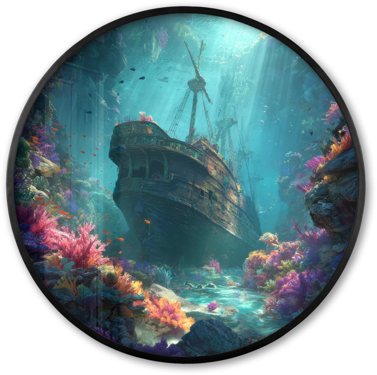 FrameYourWall Poster in lijst Rond - Fotolijst 60x60 cm - Posters - Schip - Hout - Koraalriffen - Zonlicht - Ronde posterlijst zwart - Decoratie - Wanddecoratie woonkamer - Muurdecoratie slaapkamer