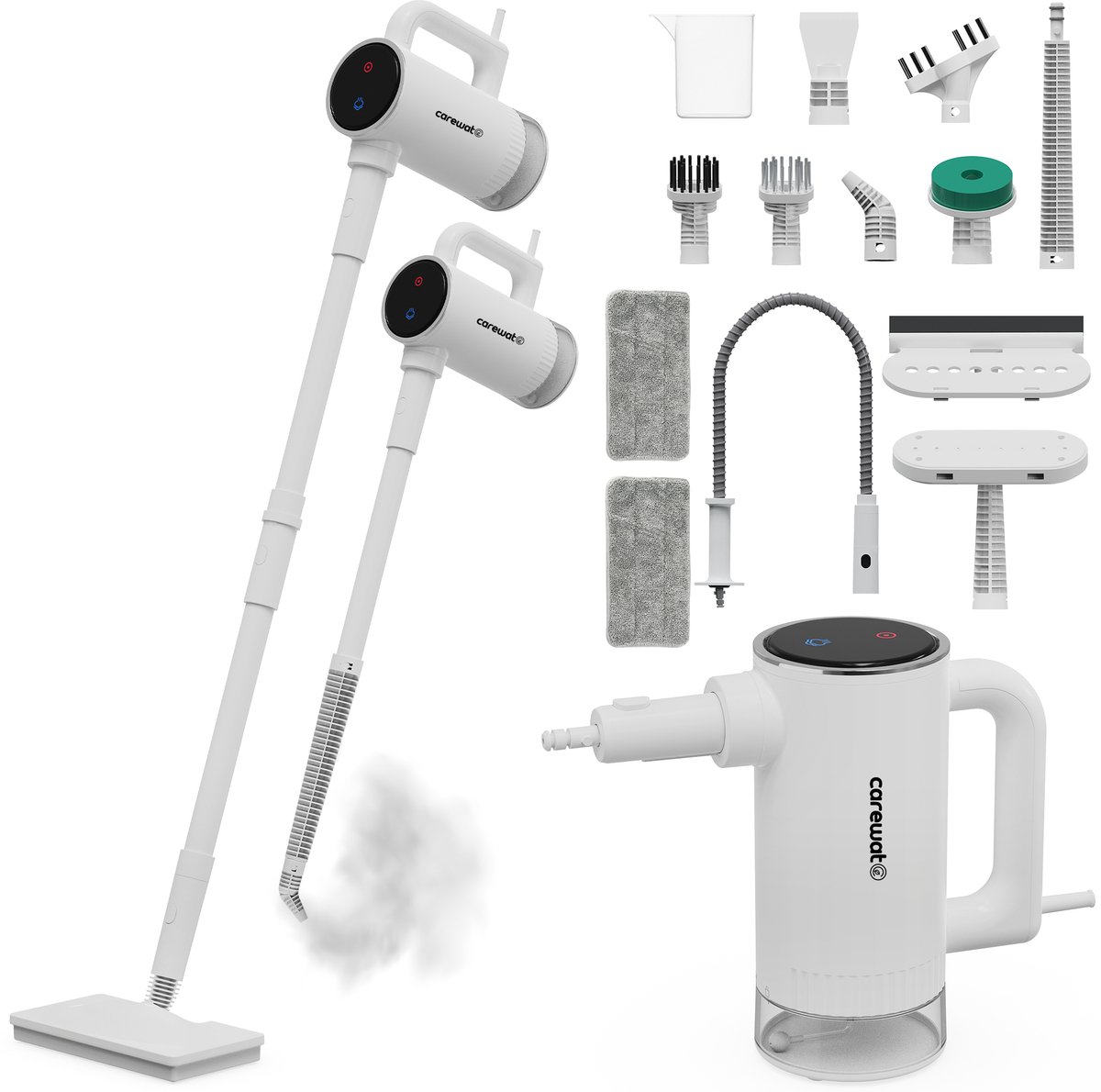 Stoomreiniger en Handstoomreiniger CAREWAT M7 - 1500W Vloerreiniger - Tapijtreiniger - Stoomreiniger vloer - Badkamer Reiniger – Handstomer en vlekkenreiniger – met 12 opzetstukken en 2 microvezeldoeken - Wit