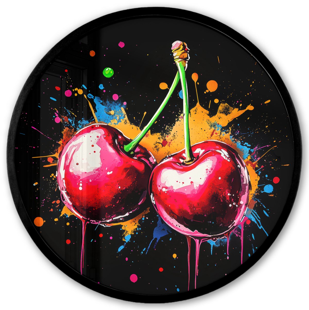 FrameYourWall Poster in lijst Rond - Fotolijst 40x40 cm - Posters - Kersen - Fruit - Graffiti - Verf - Abstract - Modern - Kleurrijk - Ronde posterlijst zwart - Decoratie - Wanddecoratie woonkamer - Muurdecoratie slaapkamer Graffiti - Kersen