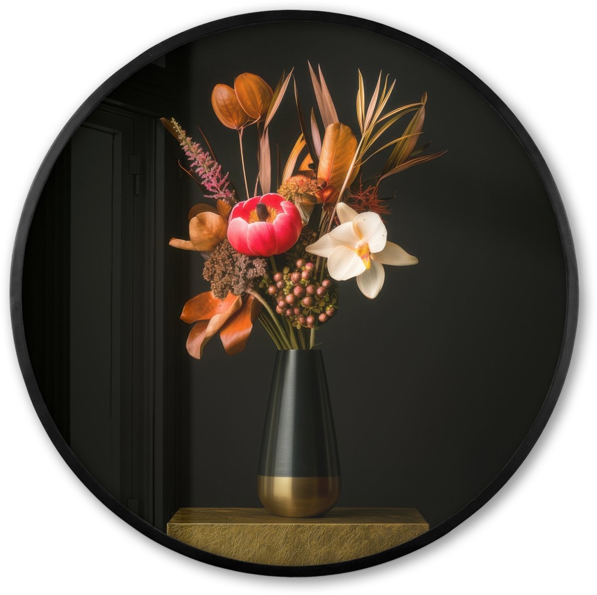 FrameYourWall Poster in lijst Rond - Fotolijst 60x60 cm - Posters - Boeket - Oranje - Gouden - vaas - Ronde posterlijst zwart - Decoratie - Wanddecoratie woonkamer - Muurdecoratie slaapkamer Boeket - Bloemen 3