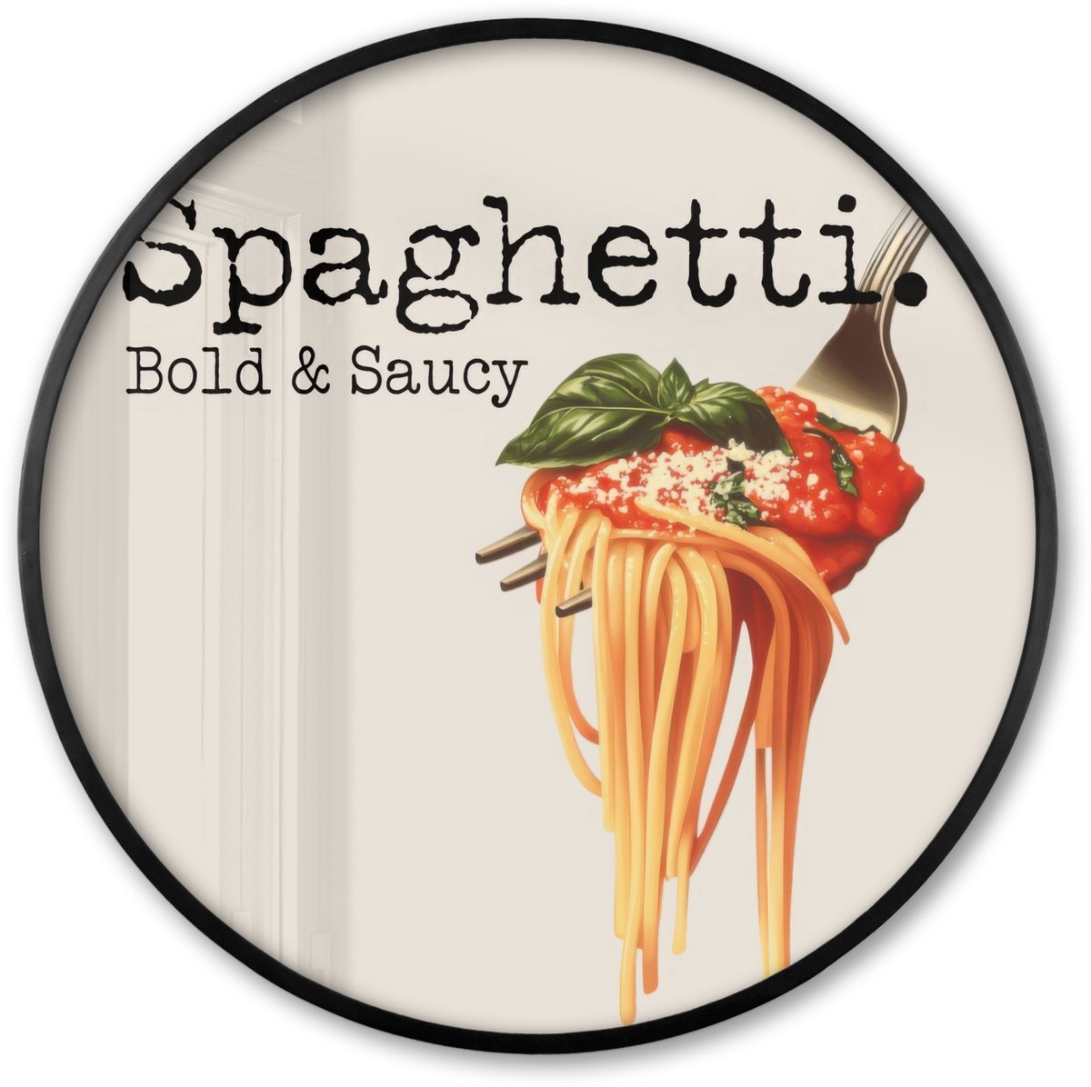 FrameYourWall Poster in lijst Rond - Fotolijst 60x60 cm - Posters - Spaghetti - tomatensaus - Parmezaanse kaas - Ronde posterlijst zwart - Decoratie - Wanddecoratie woonkamer - Muurdecoratie slaapkamer Spaghetti - Tekst