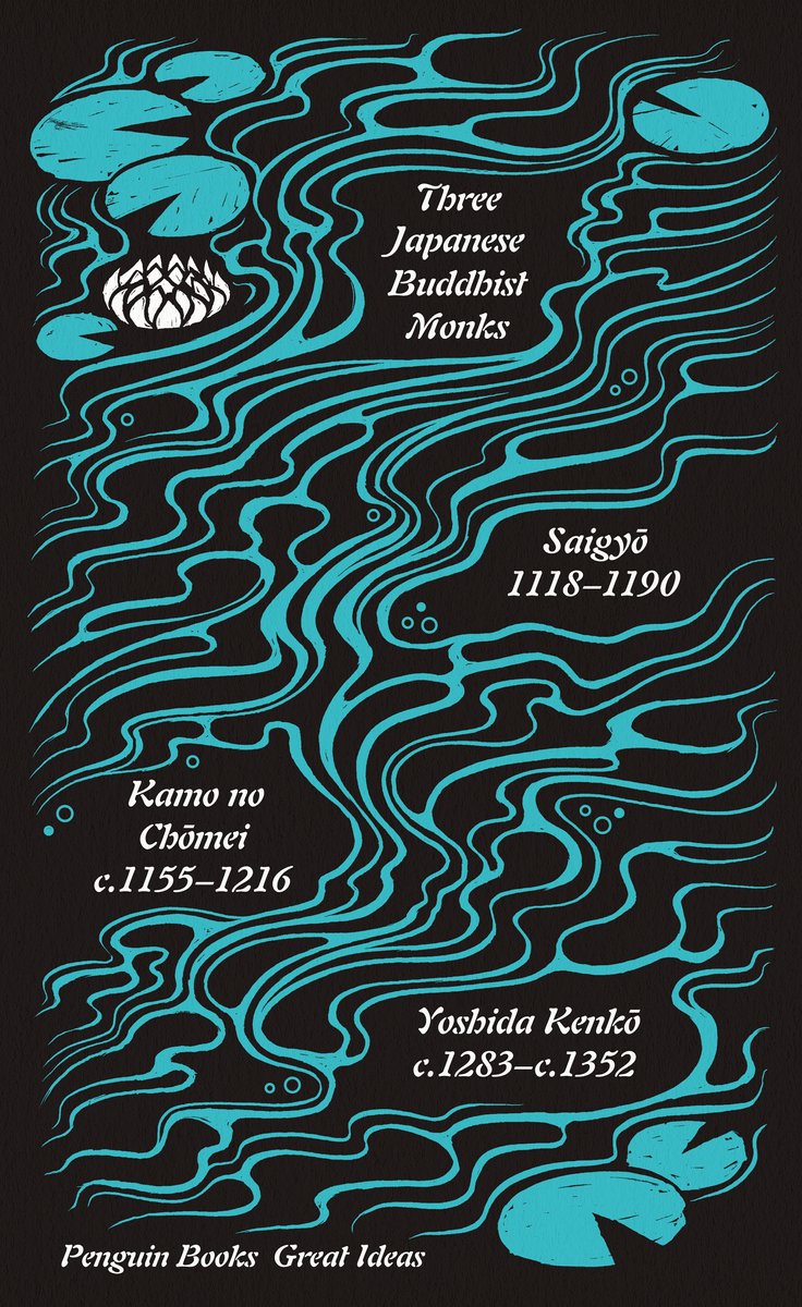 Drie Japanse Boeddhistische Monniken met lotusbloemen en golvende lijnen in turquoise en zwart.