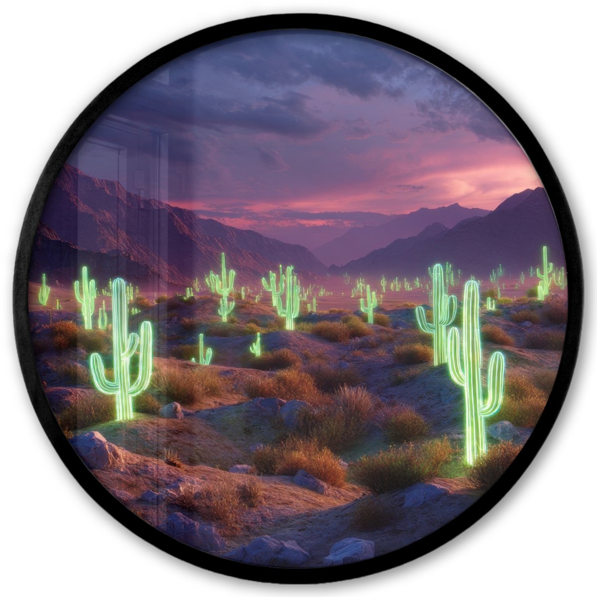 FrameYourWall Poster in lijst Rond - Fotolijst 40x40 cm - Posters - Neon cactussen - Woestijn - Zonsondergang - Ronde posterlijst zwart - Decoratie - Wanddecoratie woonkamer - Muurdecoratie slaapkamer Neon - cactus - Woestijn