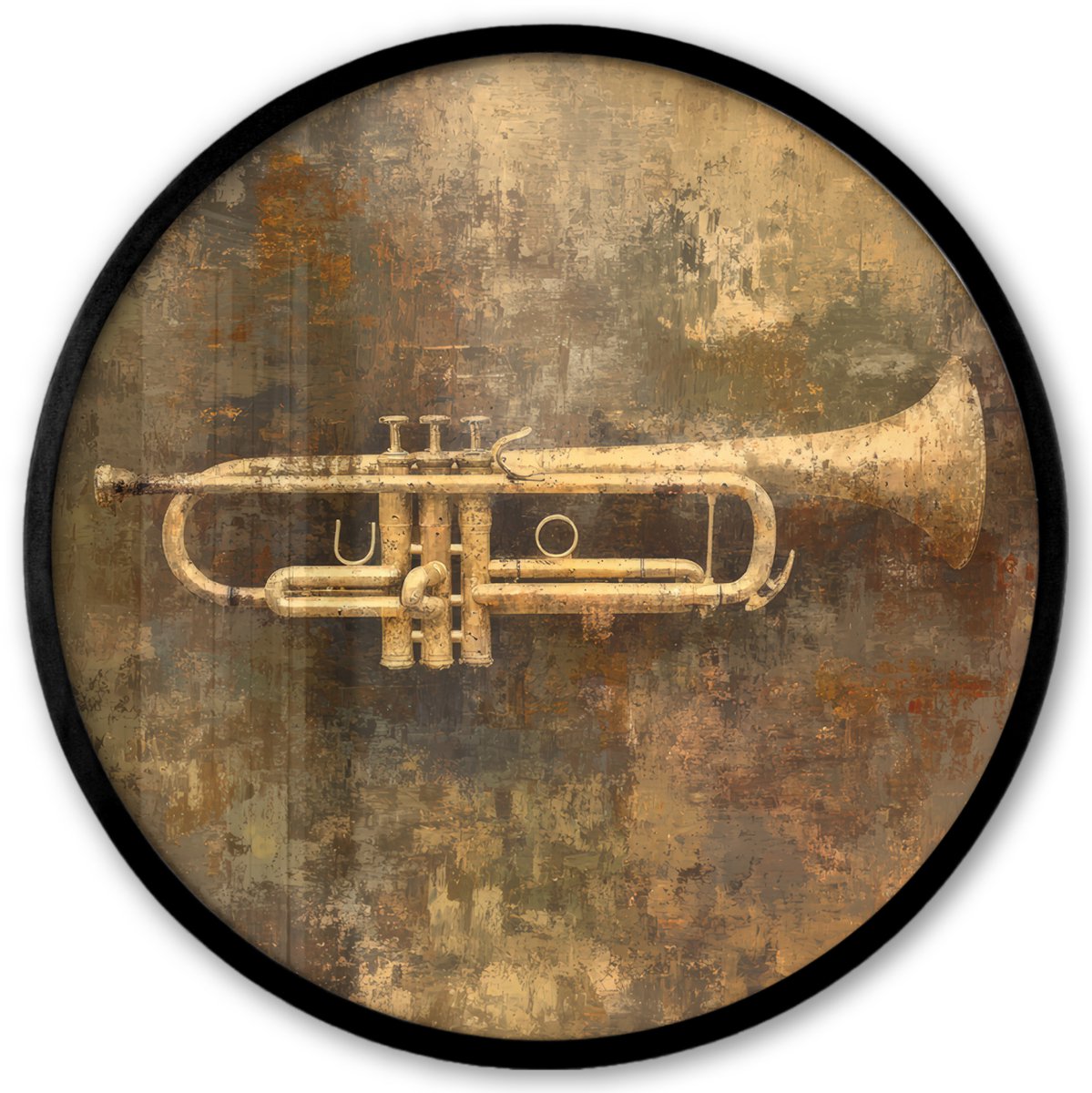 FrameYourWall Poster in lijst Rond - Fotolijst 40x40 cm - Posters - Trompet - Geel - Muzikaal - Ronde posterlijst zwart - Decoratie - Wanddecoratie woonkamer - Muurdecoratie slaapkamer