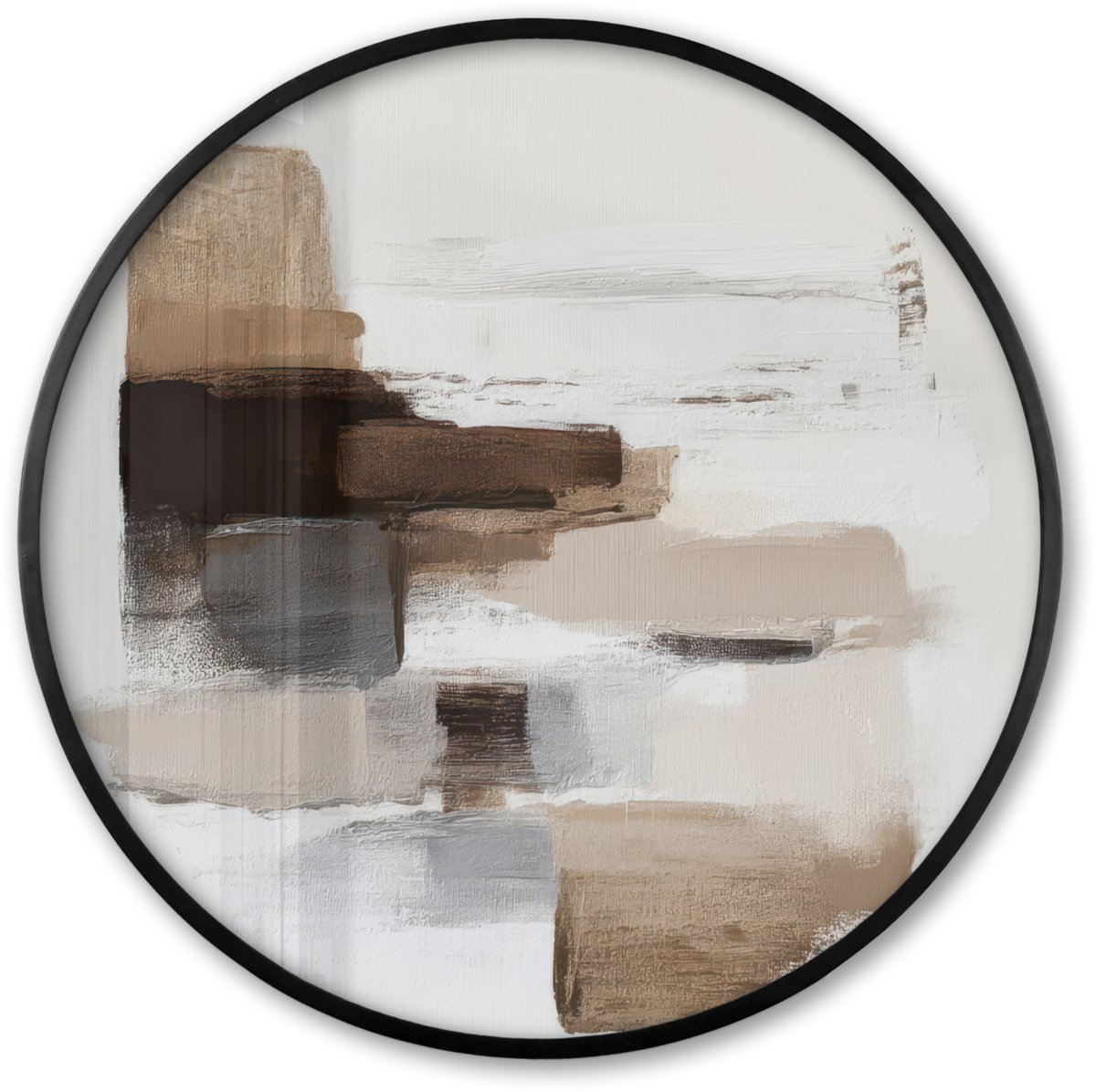 FrameYourWall Poster in lijst Rond - Fotolijst 60x60 cm - Posters - Penseelstreken - Balans - Beige - Bruin - Ronde posterlijst zwart - Decoratie - Wanddecoratie woonkamer - Muurdecoratie slaapkamer