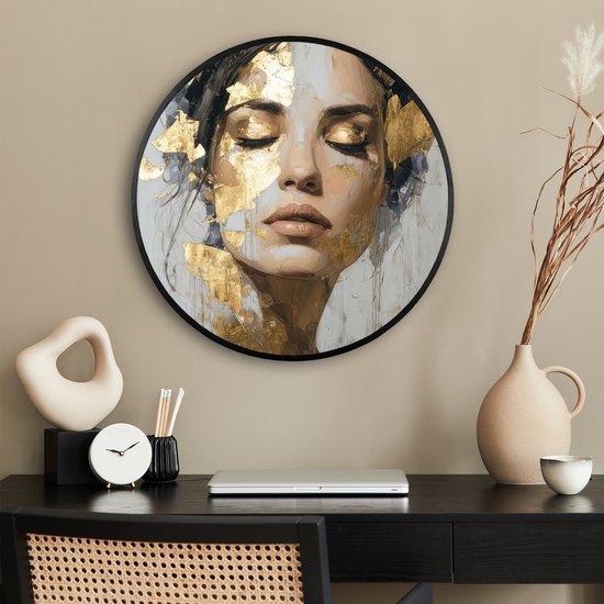 Affiche encadrée Ronde - Cadre photo 60x60 cm - Posters - Gracieuse - Femme - Or - Yeux - Cadre affiche rond noir - Décoration - Décoration murale salon - Décoration murale chambre