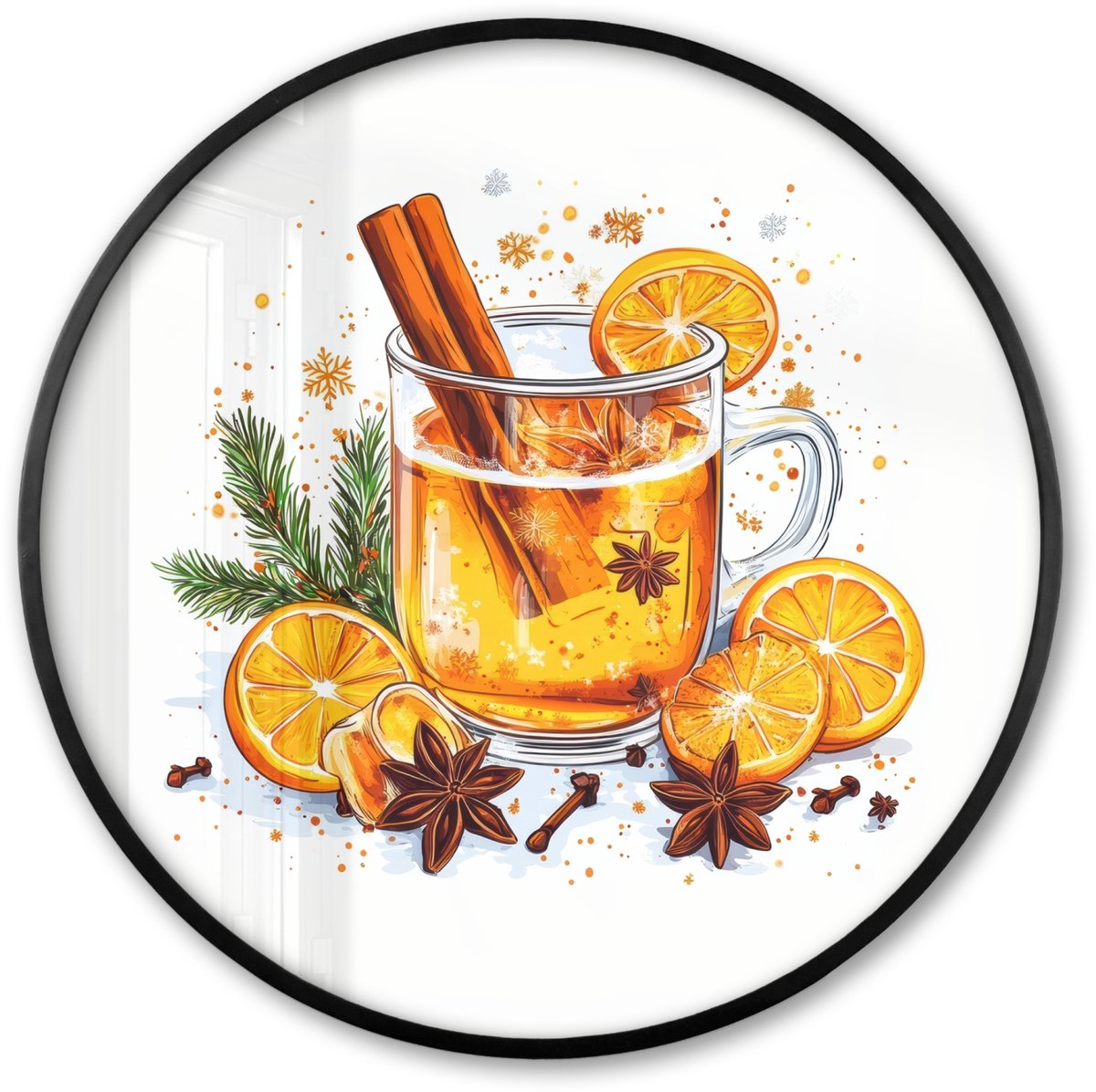 FrameYourWall Poster in lijst Rond - Fotolijst 80x80 cm - Posters - Warm - Thee - Oranje - Kaneel - Ronde posterlijst zwart - Decoratie - Wanddecoratie woonkamer - Muurdecoratie slaapkamer