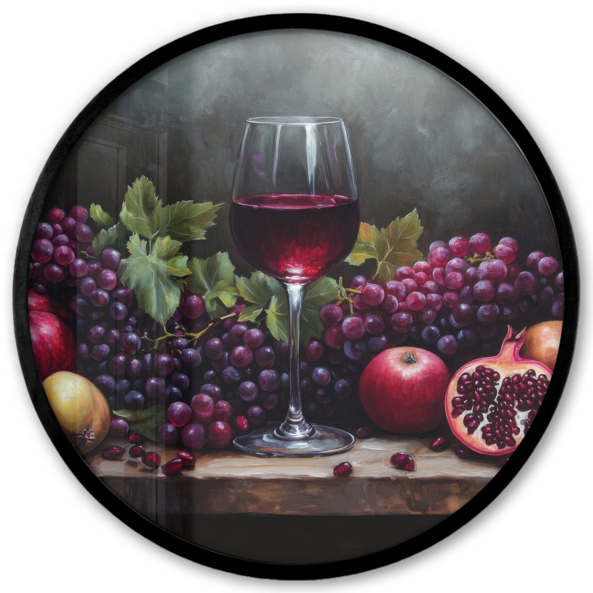 FrameYourWall Poster in lijst Rond - Fotolijst 40x40 cm - Posters - Wijn - Fruit - Stilleven - Ronde posterlijst zwart - Decoratie - Wanddecoratie woonkamer - Muurdecoratie slaapkamer
