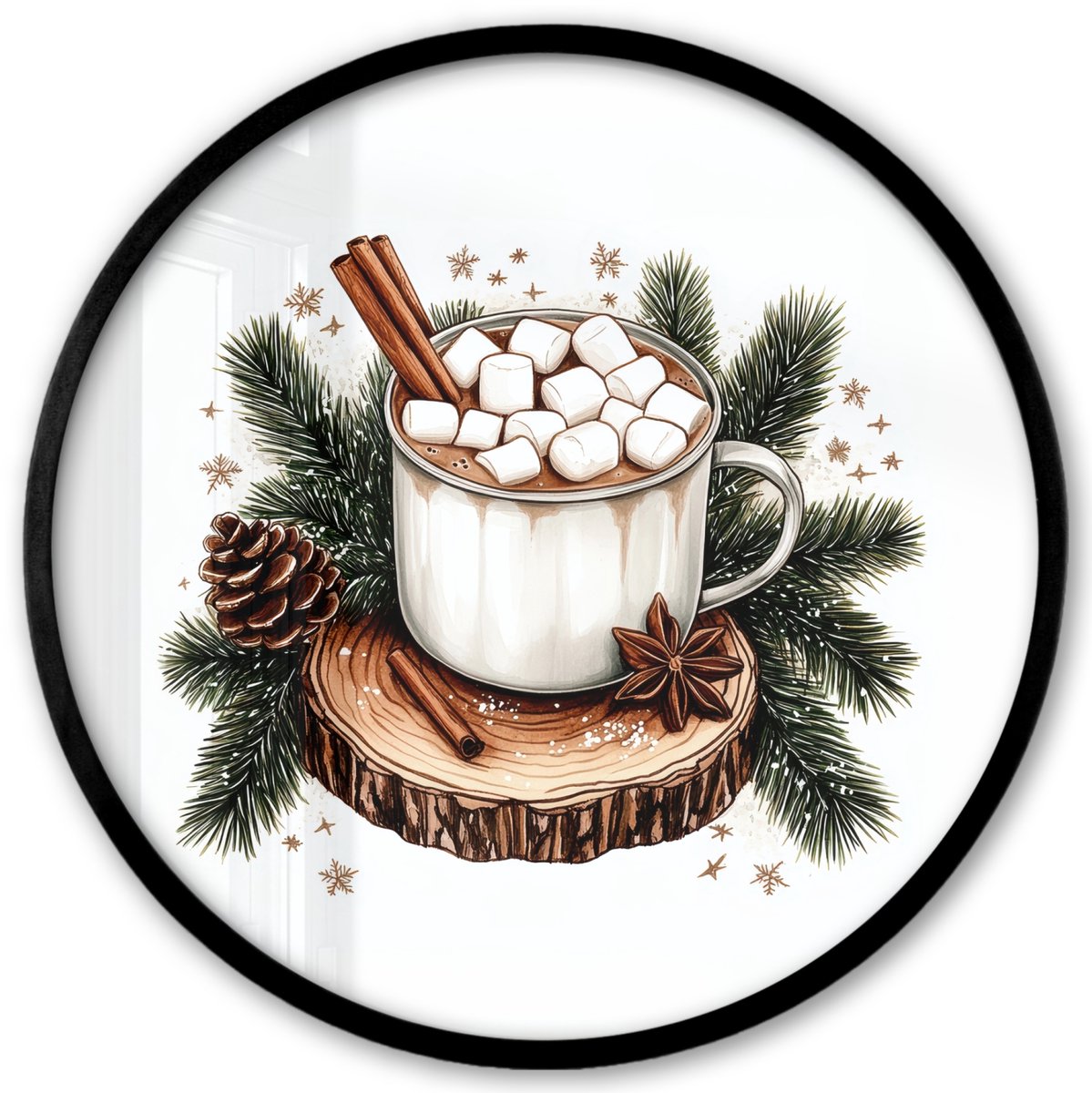 FrameYourWall Poster in lijst Rond - Fotolijst 40x40 cm - Posters - Winter - Hout - Chocolademelk - Drink - Kerst - Ronde posterlijst zwart - Decoratie - Wanddecoratie woonkamer - Muurdecoratie slaapkamer - Kerstversiering - Kerstdecoratie voor binnen - Kerstmis Winter - Chocolademelk