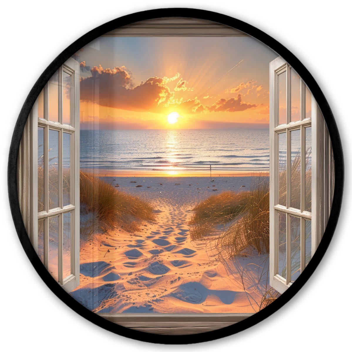 FrameYourWall Poster in lijst Rond - Fotolijst 40x40 cm - Posters - Doorkijk - Strand - Duinen - Zonsondergang - Ronde posterlijst zwart - Decoratie - Wanddecoratie woonkamer - Muurdecoratie slaapkamer Zonsondergang - Duinen